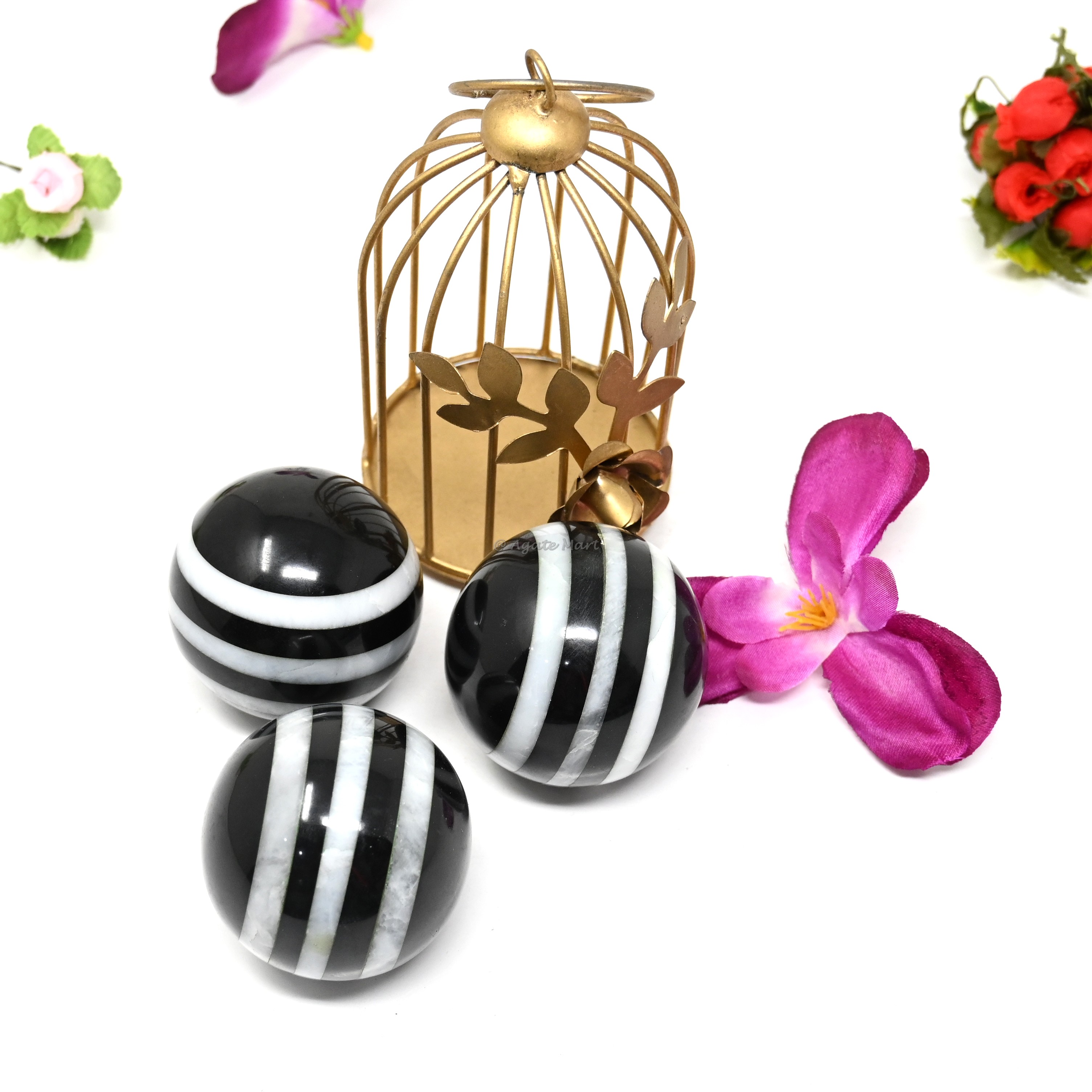 Bonded Black And White Agate Crystals Sphere With Brass Stand