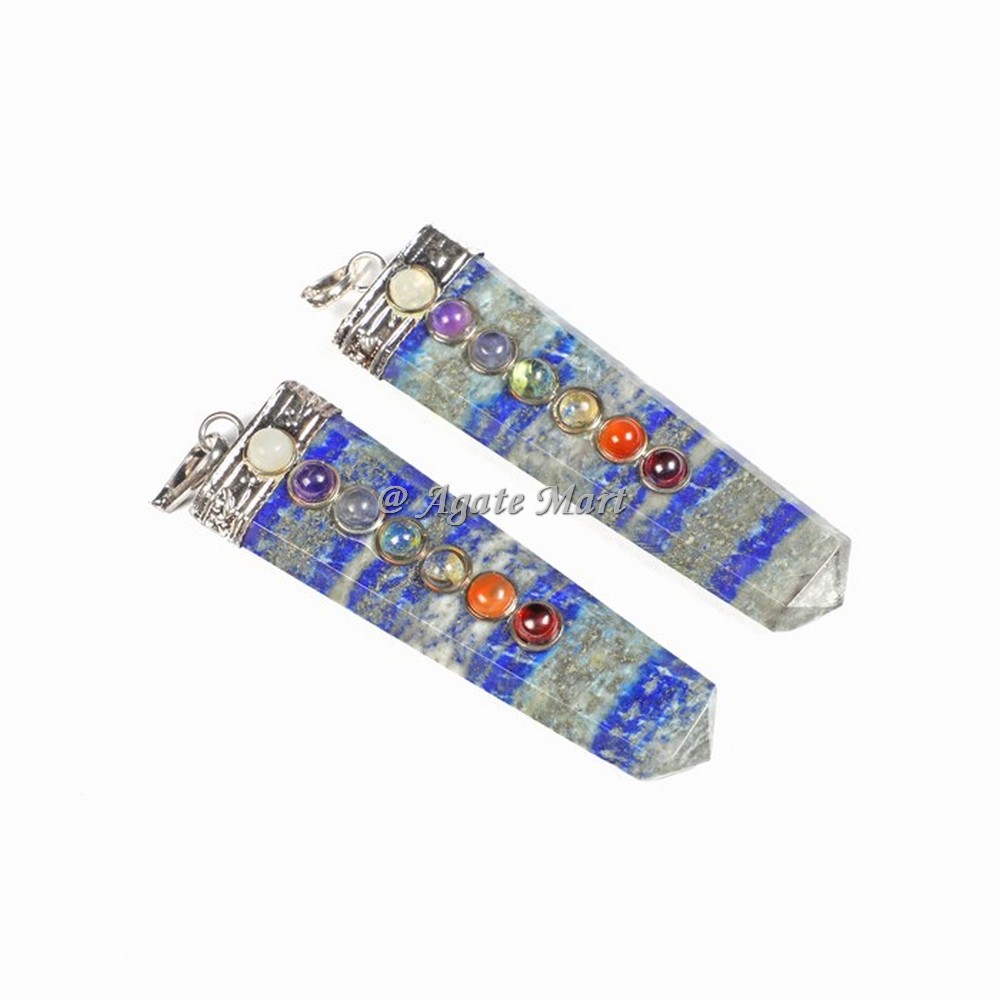 Lapis Lazuli with Seven Chakra Stones & Silver Cap Faceted Pencil Pendant