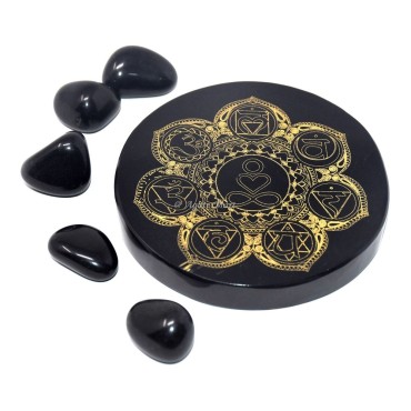 Sanskrit Chakra Engraved Coaster On Black Agate