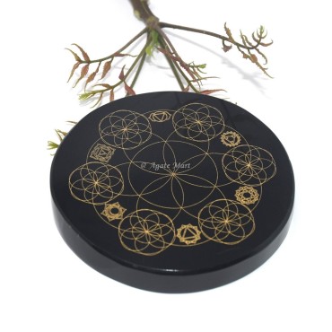 Seed Of Life With Chakra Engraved Coaster On Black Agate