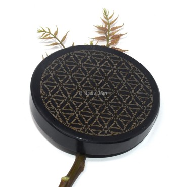 Flower of Life Engraved Coaster On Black Agate