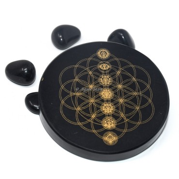 Chakra With Seed of Life Engraved Coaster On Black Agate