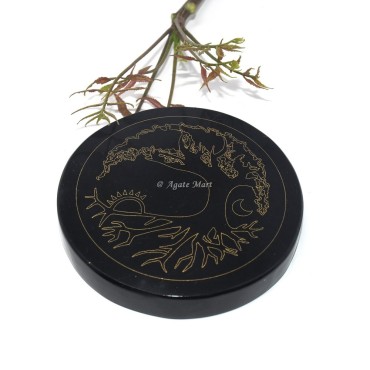 Tree of Life With Moon Engraved Coaster On Black Agate