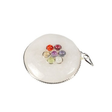 White Quartz with Seven Chakra Stones Round Pendant