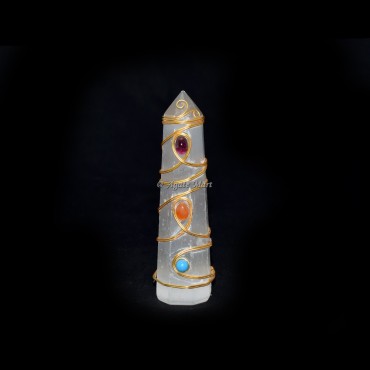 Selenite Wrapped With Garnet Carnelian Faceted Obelisk