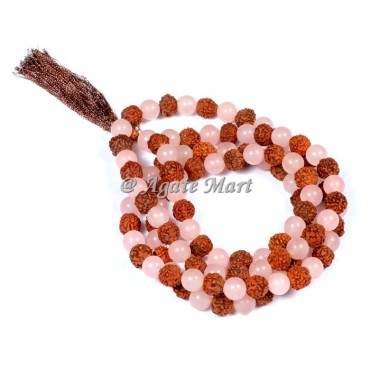 Rudraksha with Rose Quartz Prayer 108 Beads Japa Mala
