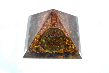 Tiger Eye With Flower Of Life EMF Protection Orgonite Pyramid Crystal Pyramids