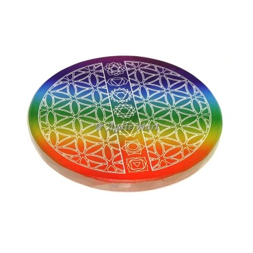 Selenite Rainbow Chakra with flower of life Engraved Coaster