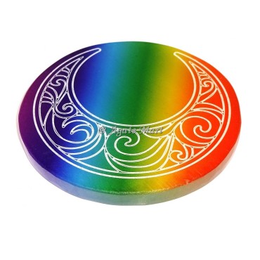 Healing Moon Engraved Rainbow Selenite Chakra Coaster