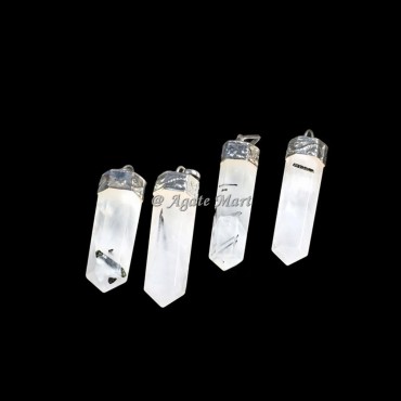 Black Rutile with Silver Cap Faceted Pencil Pendant