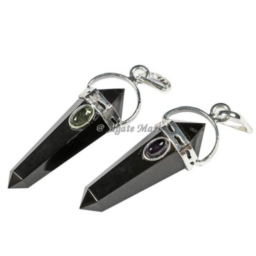 Black Tourmaline with Garnet Faceted Faceted Pencil Pendants