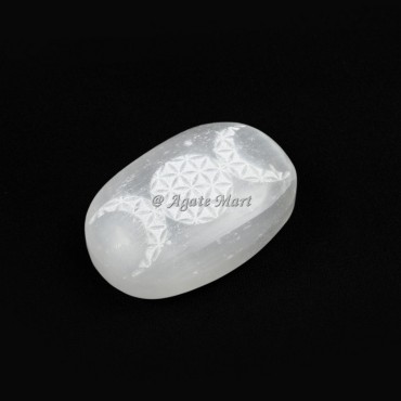 Engraved Selenite Flower Of Life Palm Stone