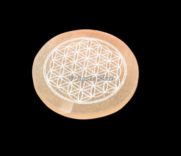 Flower Of Life Engraved Orange Selenite Charging Plate