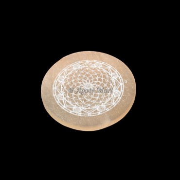 Accent Flower Of Life Engraved Orange Selenite Charging Plate