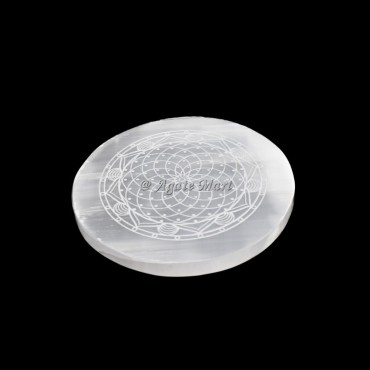 Accent Flower Of Life Engraved Selenite Charging Plate