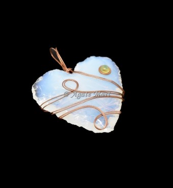 Opalite Hand Made Hearts With Citrine Stone Wire Wraped Pendant